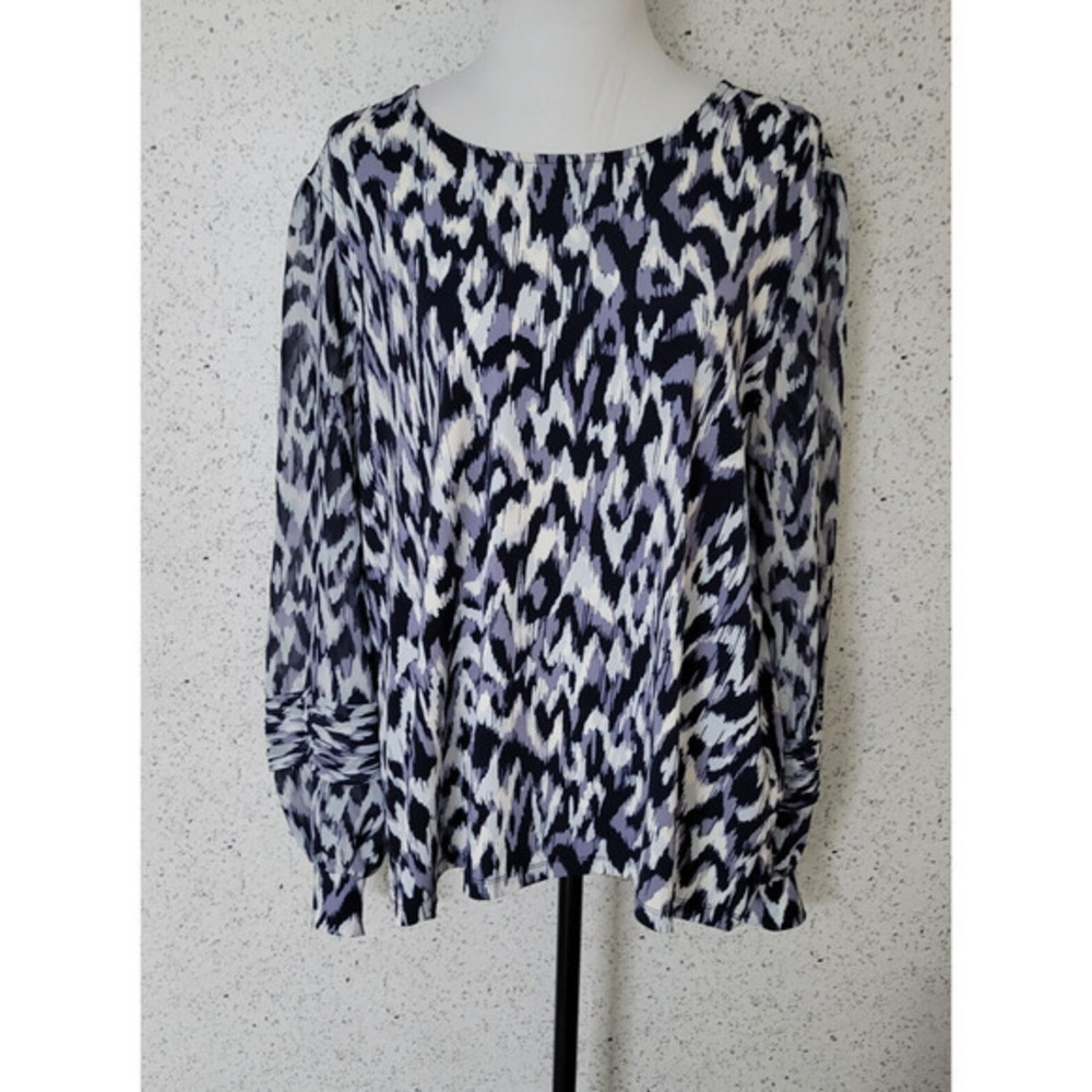 Calvin Klein Womens Top Sheer Balloon Sleeves Blue Black White Size XL‎ Career